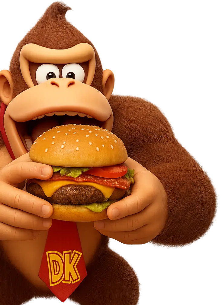 DK comiendo una Yolo Burger